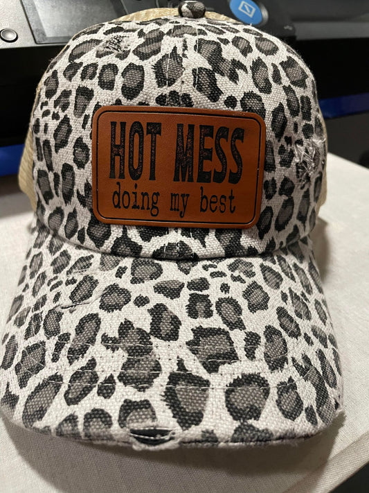 Hot Mess Doing My Best Engraved Leather Patch Cap -WOMENS