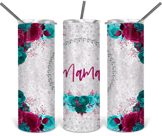 Mama Red and Teal Flowers Tumbler