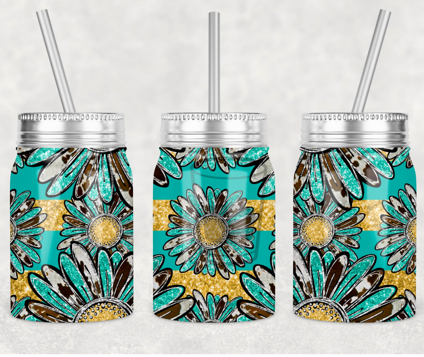 Turquoise Cow Flowers Mason Jar Tumbler