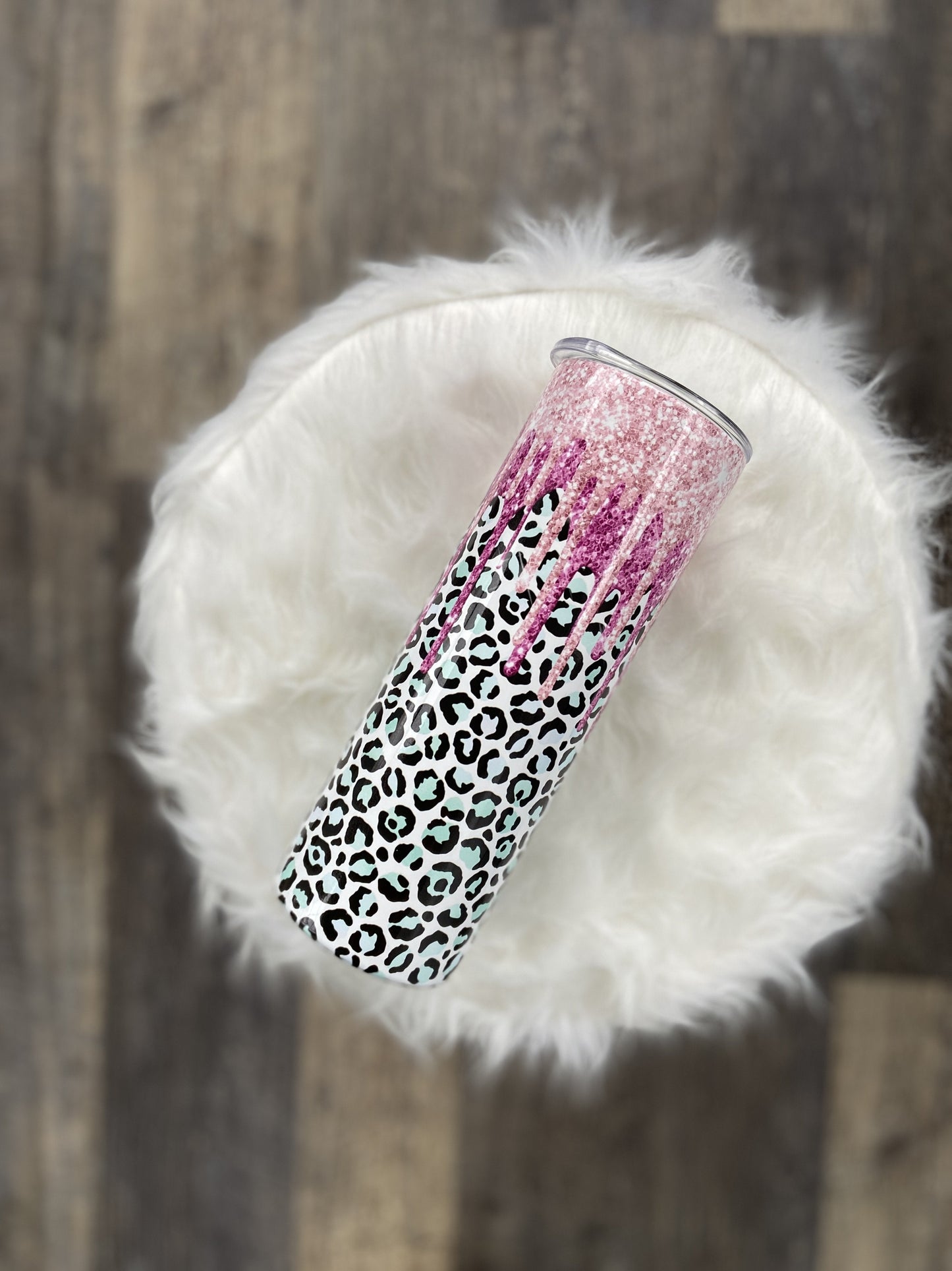 pink glitter drips teal leopard Tumbler