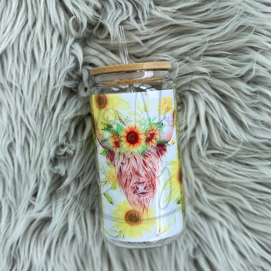 Cow Sunflowers Glass Can