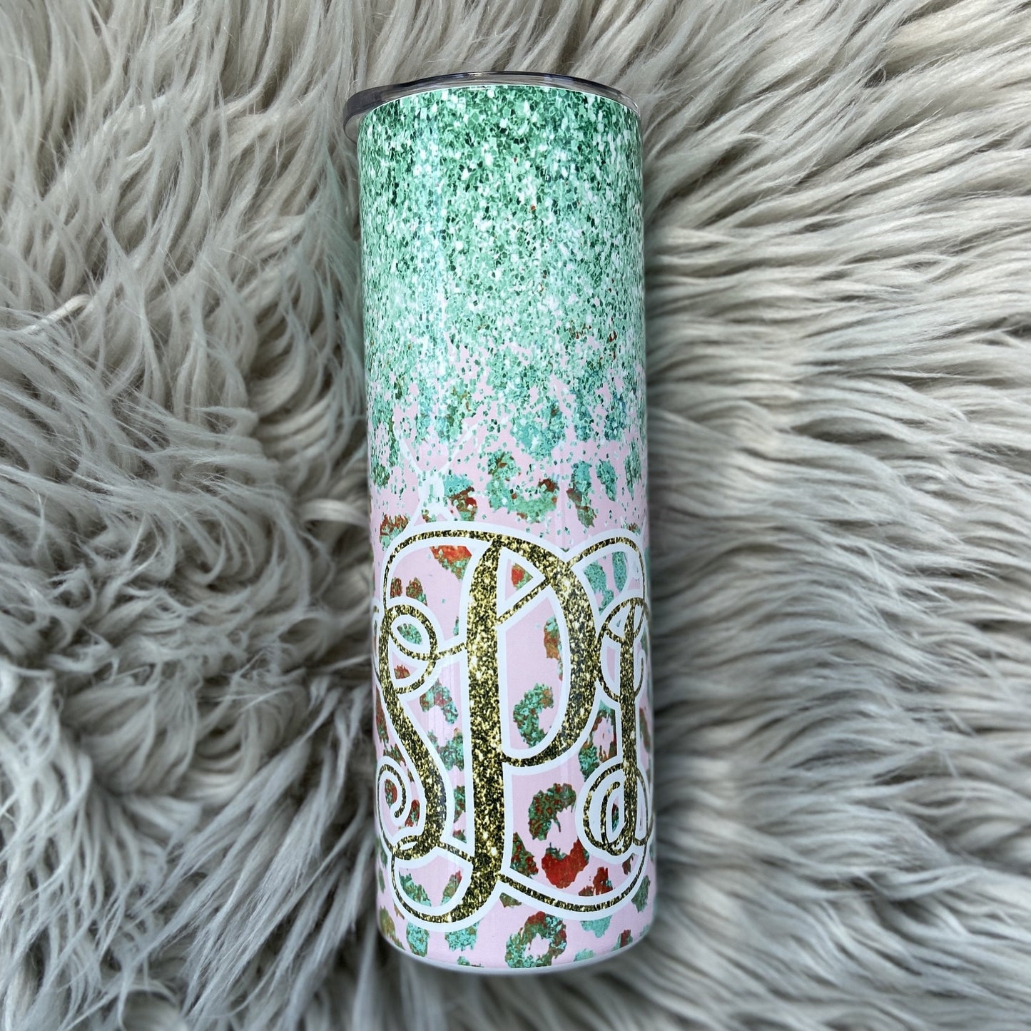 Pink leopard teal glitter  Tumbler