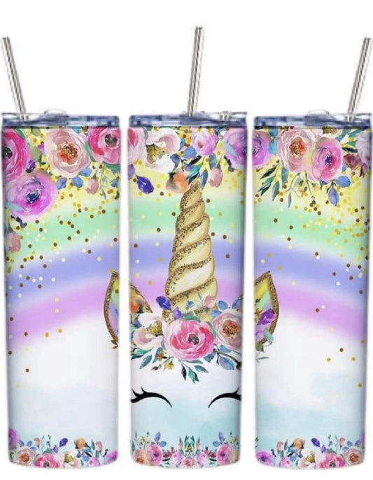 Cute rainbow unicorn floral Tumbler